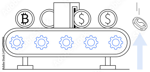 Coins with Bitcoin, dollar symbols on a conveyor belt with gears, illustrating processing and automation. Ideal for cryptocurrency, fintech, blockchain, digital payment, finance management
