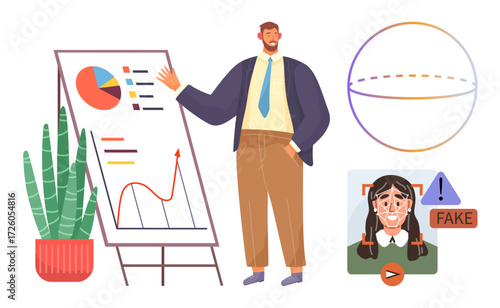 Businessman explaining charts on a flip board, fake content identification with AI, and global communication. Ideal for analytics, training, media, misinformation, education, innovation digital