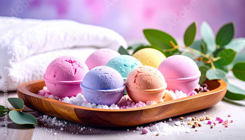 Aromatic Bath Bombs on Wooden Tray. Cosmetics concept. Generated Image