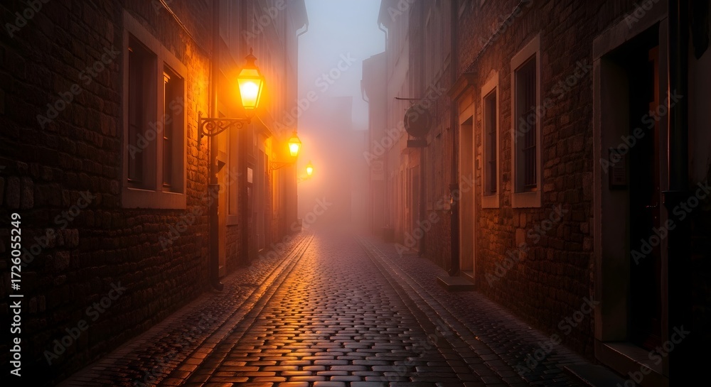 Fototapeta premium Mysterious Foggy Cobblestone Street Illuminated by Golden Lanterns in an Old European Town