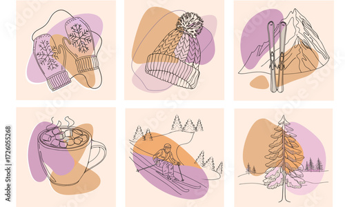 Winter vector set in one line drawing style with soft pastel colors, including Christmas tree, mittens, hat, skis, skier and hot drink, perfect for Christmas card, New Year design and holiday decorati