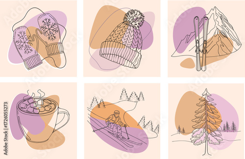 Winter vector set in one line drawing style with soft pastel colors, including Christmas tree, mittens, hat, skis, skier and hot drink, perfect for Christmas card, New Year design and holiday decorati