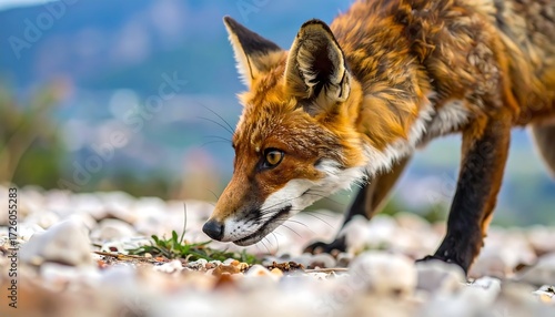 Close-up of a red fox sniffing the ground