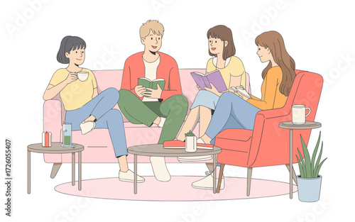 Young woman and her friends sitting at a table in a cafe with a laptop, working on a school project