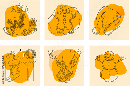Christmas vector set with hand drawn line illustrations in soft orange tones, including Santa hat, gingerbread man, candle jar, stocking, reindeer, and snowman for New Year and holiday design