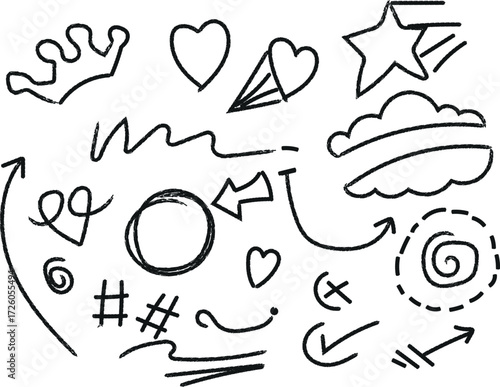 Hand drawn sketch elements crown hearts arrows stars and other shapes