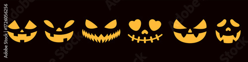 Collection of glowing jack-o’-lantern faces with spooky and funny expressions, carved pumpkins shining on dark isolated background for Halloween design. Flat vector set. Hand drawn.