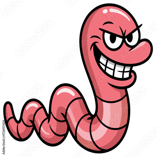 Funny cartoon snake and happy worm illustration with a funny face in a comic drawing design