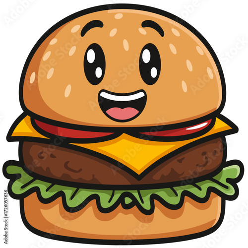 A delicious cartoon hamburger with a beef patty, cheese, lettuce, and tomato on a sesame bun is isolated as a fast food illustration