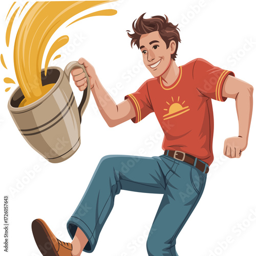 One smiling woman and a man with a bucket of paint are standing together for fun in a studio setting