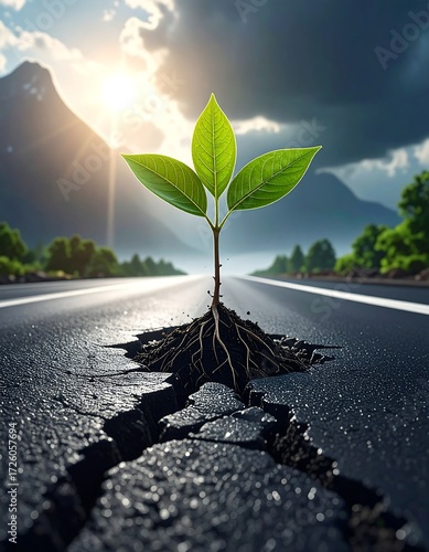 A small plant sprouts from a crack in a paved road, symbolizing resilience and growth amidst adversity, with a mountain backdrop
