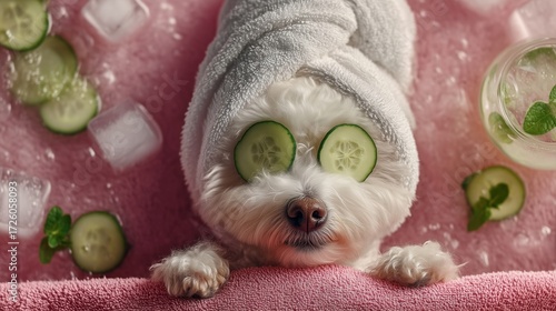 Relaxed dog pampering with cucumber spa treatment