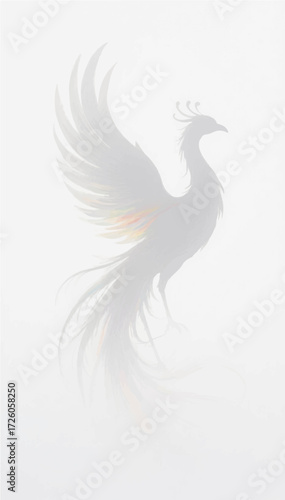 An illustration in monochrome gray tones of a silhouette of a fantastic bird in the fog with outstretched wings and a long feathered tail. Vector graphics. EPS.	