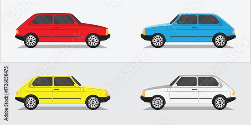 Vector illustration of four classic hatchback cars in red, blue, yellow, and white, displayed from a side view. Perfect for automotive designs, car collections, retro vehicle graphics.