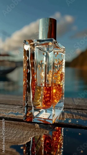 Elegant glass bottle of amber fragrance sitting on a wet wooden pier, with its beautiful reflection glistening in the sunlight and a scenic, blurry marina providing a sophisticated background