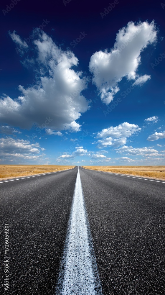 Naklejka premium Open road stretching into a vast, clear sky, filled with fluffy clouds, under a vibrant blue sky.