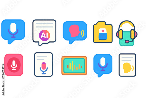 Voice recognition, ai flat icon set. speech processing and technology icons collection.
