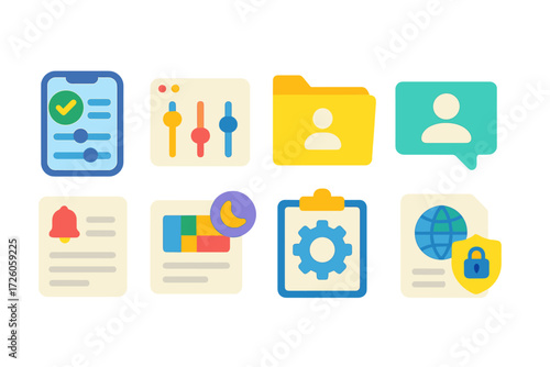 Business and technology flat icon set. office productivity, digital tools flat icons.