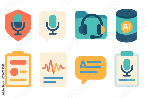 Communication and podcasting flat icon set. microphone, headset, ai, sound icons collection