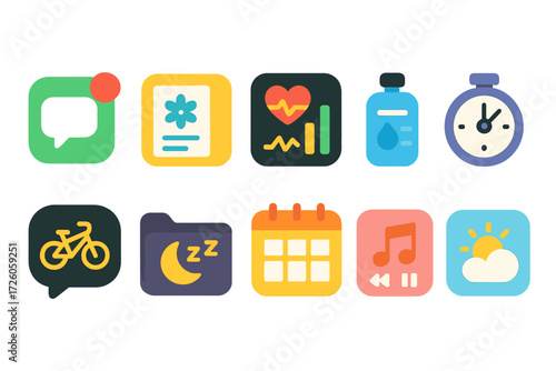 Productivity and wellness flat icon set. time management, health tracking icons flat pack.