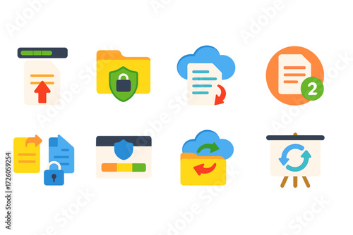 Data security, cloud storage flat icon set. file protection, backup icons collection