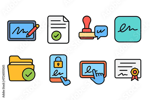 Electronic signature flat icon set. digital approval and document verification icons.