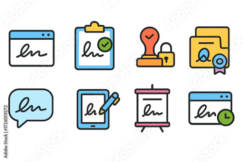 Digital signature flat icon set. document, authentication, security icons