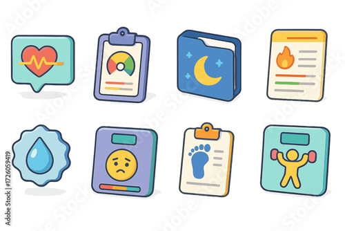 Health and fitness icon set: flat style collection for wellness apps and websites