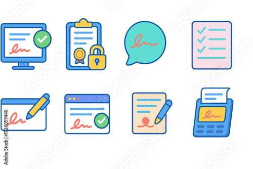 Digital signature outline icon set. electronic agreement, security, contract icons.