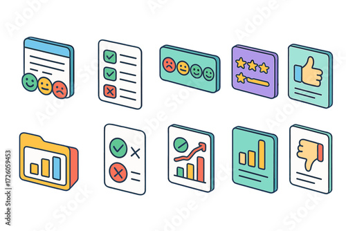Feedback and rating flat icon set. evaluation and survey icons, satisfaction symbols.