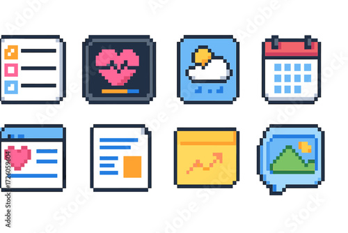 Task and productivity pixel art icon set. simple pixelated symbols for workflow organization.