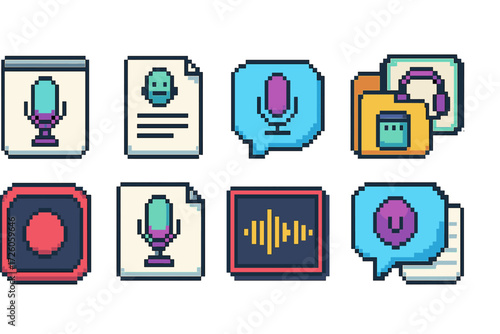 Podcast and music flat icon set. audio media, microphone, pixel art icons collection.