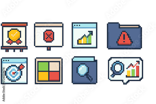 Business and analytics pixel icon set. data, strategy graphics in pixel art style