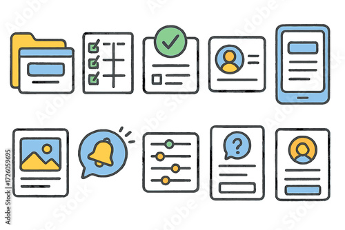 Business management outline icon set. organization, planning, strategy symbols collection