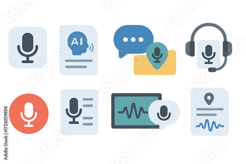 Communication flat icon set: microphone, headset, chat, audio, voice interface icons