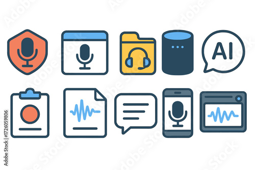 Voice recognition outline icon set. audio recording, ai technology icons collection