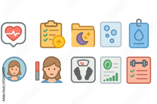 Health and wellness flat icon set. fitness, nutrition, mental health, wellbeing icons