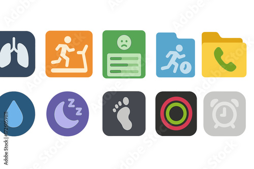 Health and fitness flat icon set. activity, wellness, exercise visuals in flat style
