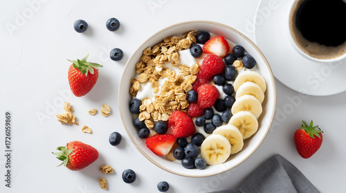 Healthy breakfast flat lay with fresh fruits, granola bowl, coffee cup, minimalist aesthetic, clean white background