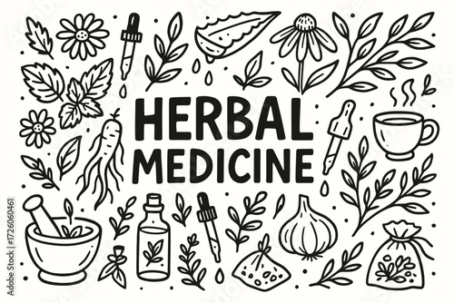 Herbal medicine outline icon set. natural remedies, botanical icons outline style.