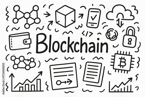 Blockchain, cryptocurrency outline icon set. decentralized finance, bitcoin doodles
