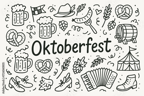 Oktoberfest outline icon set. bavarian festival, beer, pretzels, celebration collection.