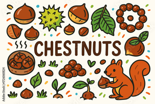 Autumn, chestnuts flat icon set. nuts, leaves, squirrel, harvest icons collection