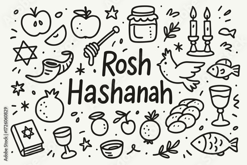 Rosh hashanah icon set. jewish holiday symbols in outline style, honey, apple, fish