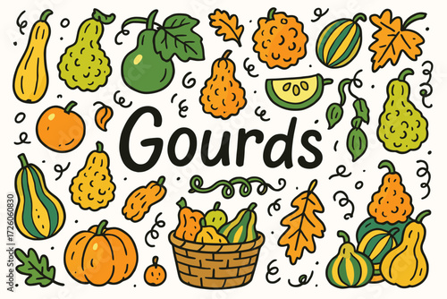 “gourds and leaves icon set. autumn, harvest season outline icons collection”