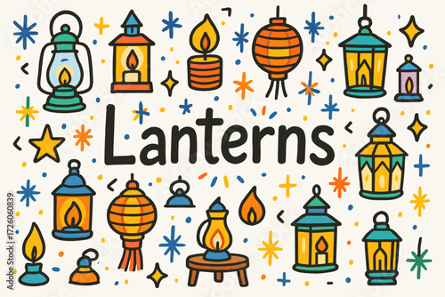 Lanterns flat icon set. decorative, light, festival icons flat collection.