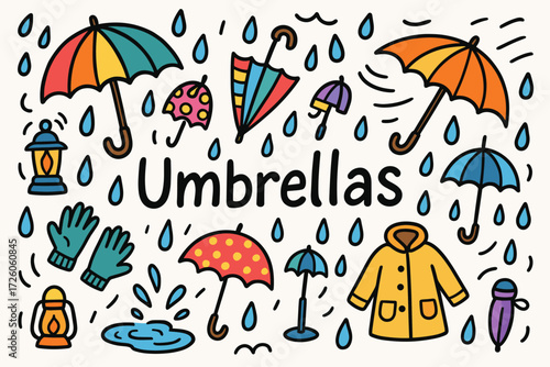 Umbrella flat icon set. rainy day, weather protection, waterproof essentials icons.