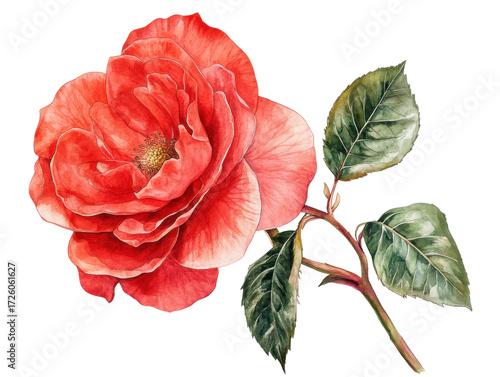 Beautiful Red Rose Flower with Green Leaves Illustration