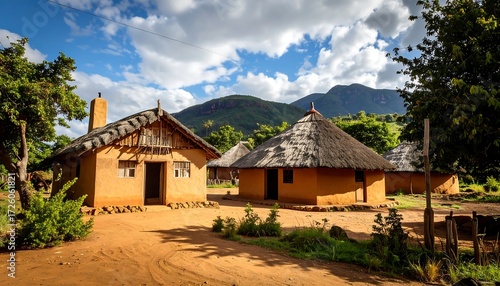 Thatched-roof houses in African village sit beneath sunny sky, distant mountains