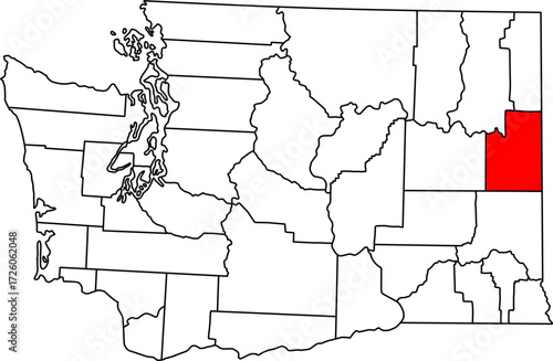 Detailed vector map of Washington State, USA, highlighting Spokane County. Ideal for data visualization and urban demographic reports.

